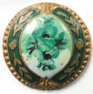 Antique French Enamel Button W/ Hand Painted Design - 7/8 "