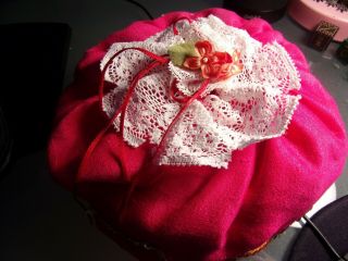 Half Doll Pin Cushion Only Red With Gold Sequins & White Lace & Small Flowers