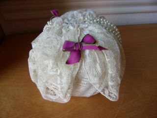 Half Doll Pin Cushion Only Off White Faux Pearls Purple Bows 4 " X 4 1/2 "