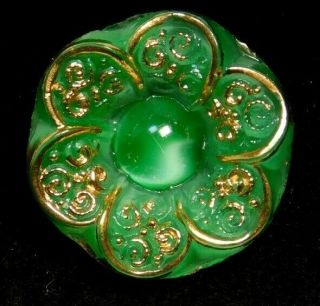 Antique Vtg Button Green Realistic Flower Moonglow W Gold I4