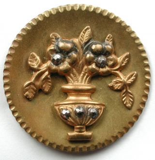 Lg Sz Antique Brass Cup Button With Cut Steel Accented Flowers - 1 & 1/4 "