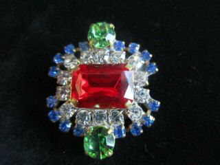Magnificent Czech Vintage Glass Rhinestone Button Red & Blue & Green & Crystal