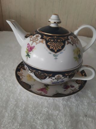 Biltmore By Burton And Burton Stackable 3 Pc.  Vtg Asian Handpainted Teapot Cup.