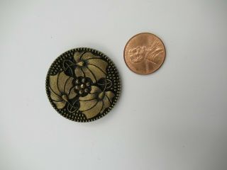 One Vintage Large 1 1/4 " Black Glass Button W/ Gold Luster Leaf Vine Decoration