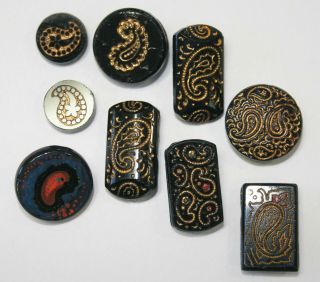 9 Victorian Black Glass Paisley Buttons Paint Gold Luster