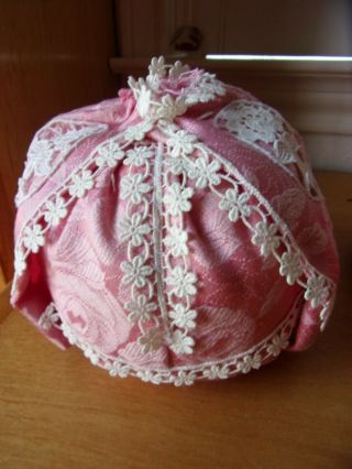 Half Doll Pin Cushion Only Pink Brocade With White Lace 4 1/2 " X 5 1/2 "