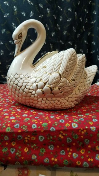 Vtg Ceramic White And Gold Trim Swan Planter