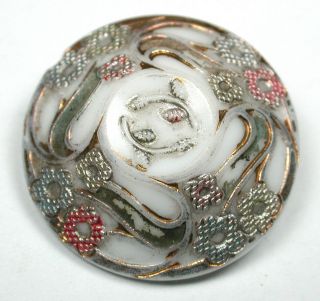 Antique Victorian Glass Button Unusual Shape W Silver Floral Design 13/16 "