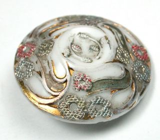 Antique Victorian Glass Button Unusual Shape w Silver Floral Design 13/16 