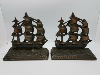 Vintage Three Mast Sailing Ships Boats Cast Iron Bronze Bookends Mid Century Mod