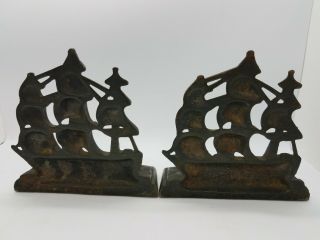 Vintage Three Mast Sailing Ships Boats Cast Iron Bronze Bookends Mid Century Mod 3