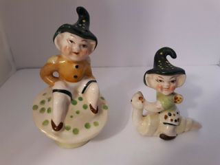 Vtg Ceramic Pixie Elf On Mushroom & Snail Ceramic Salt & Pepper Shakers