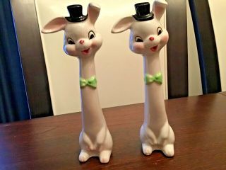 Vintage Napco Tall Bunny With Top Hat Salt And Pepper Shaker Set Japan 8 1/2”