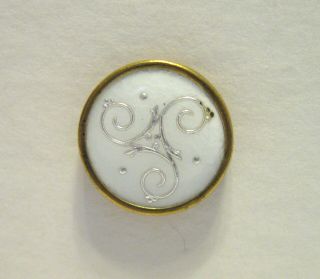 Small Vintage French Enamel Button White With Silver Scrolls