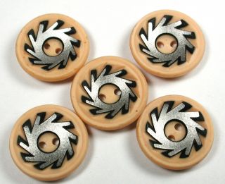 Set Of 5 Vintage Celluloid Buttons Metalised Gear Ome Top Design - 3/4 "