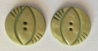 Pair 1 3/8 " Large Vintage Iridescent Carved/layered Green 2 - Hole Buttons