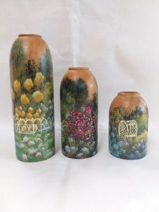 3 Vintage Hand Painted Wooden Candle Stick Holders Hand Made In Maine