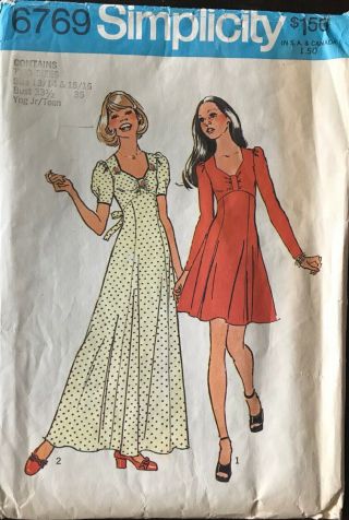 Vintage 1974 Simplicity Pattern 6769 Junior Dress In Two Lengths Sz 13/14/15/16