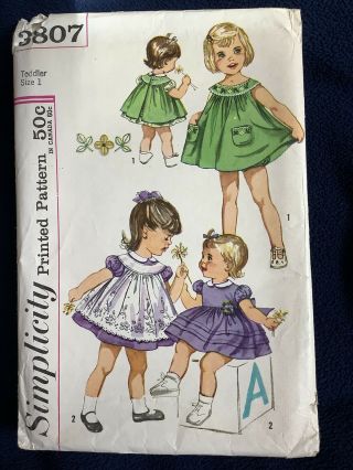 Vintage Simplicity 3807 Toddler Girl Dress,  Pinafore & Panties Pattern Size 1
