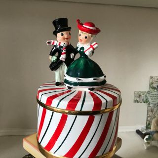 Vtg Music Box 1950’s Xmas Couple Dressed Up Candy Dish Covered Jingle Bells