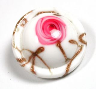Vintage Glass Button W Pink Flower Overlay W Gold Ribbons 11/16 "