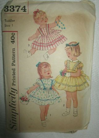 Vintage Simplicity 3374 Toddler One - Piece Dress Sz 1 Sewing Pattern 40 