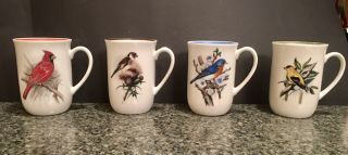 Vtg Set Of 4 Porcelain Bird Design Coffee Tea Cup Mugs Red,  Brown,  Blue & Yellow
