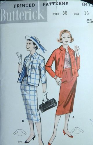Vtg 1950s Butterick 8473 Cardigan Box Jacket Skirt Suit Dress Sewing Pattern 16
