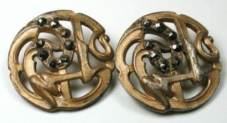 Antique Pierced Brass Button Set Of 2 Art Nouveau Swirl W Cut Steel Accents 7/8