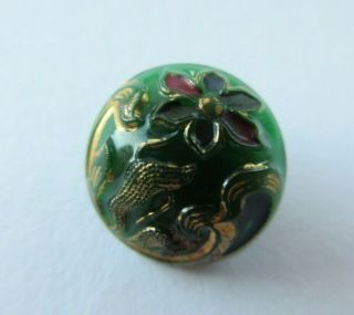 Exquisite Small Antique Vtg Emerald Green Glass Button Enamel Flowers 1/2 " (n)