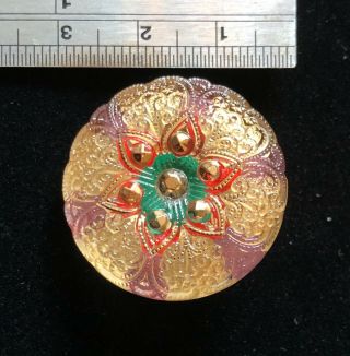27mm Vintage Czech Glass Gold Purple Red And Green Lotus Flower Nailhead Button