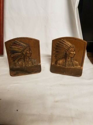 Vintage Pair Indian Chief Bookends - Cast Iron (?) Heavy Metal