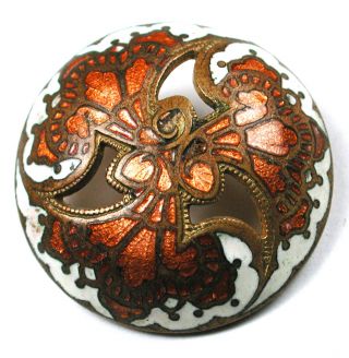 Antique Pierced French Enamel Button Copper Leaves Triad Design - 13/16 "