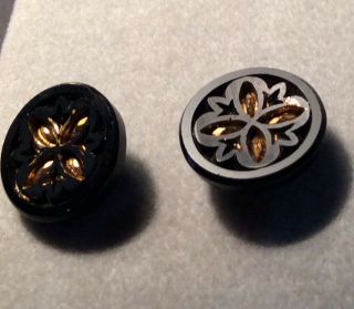 Antique Black Glass Button Pair 1/2” Impressed Cut Design Lined Gold