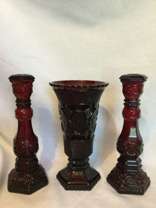 Avon Vintage 1876 Cape Cod Ruby Red Vase And Candlestick Pair