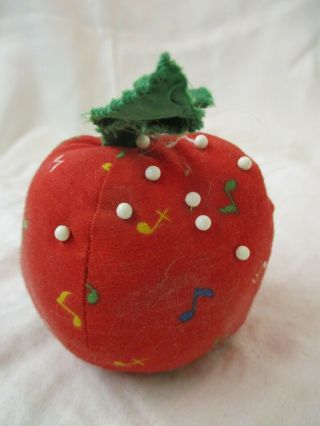 Vintage Red Tomato Pin Cushion Musical Notes Fabric