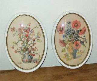 2 Vintage Pictures W/convex Glass,  Both Flowers,  9 - 3/4 X 6 - 3/4 Oval Wood Frames