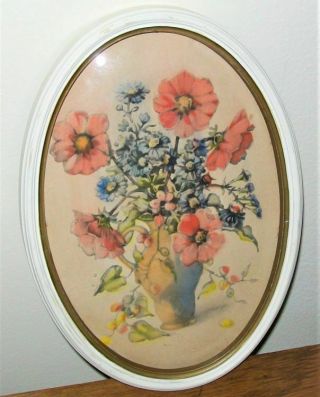 2 Vintage Pictures w/CONVEX GLASS,  Both Flowers,  9 - 3/4 X 6 - 3/4 OVAL Wood Frames 2
