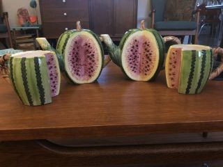 4 Piece Vintage Takahashi " Watermelon " Tea Set.  With 2 Cups & 2 Pots