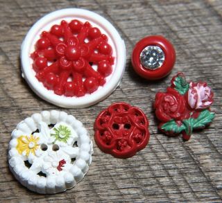 5 Vintage Cellulose Buttons Open - Work Flowers Rhinestone 1 Painted Realistic