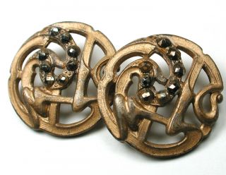 Antique Pierced Brass Button Set Of 2 Art Nouveau Swirl W Cut Steel Accetns 7/8