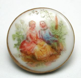 Antique Porcelain Button Romantic Couple With Gold Luster Border 5/8 "