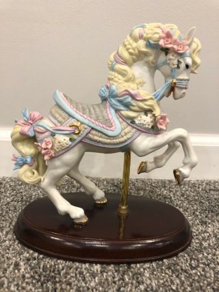 Lenox Vintage 1987 Carousel Horse 24k Gold Accents Pink Roses Blue Ribbons No Ch