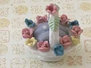Vintage Miniature Ceramic Basket With Pastel Flowers Pin Cushion