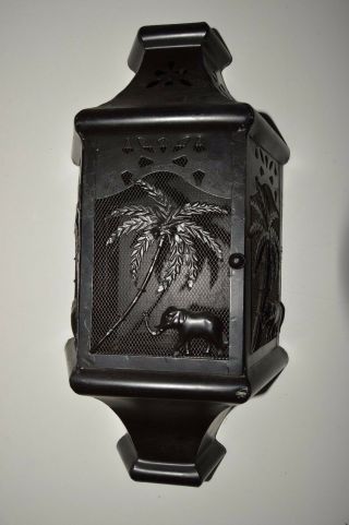 Vintage Black Metal Palm Tree Elephant Wall Mount Candle Holder W/ Door