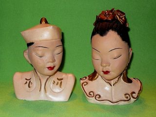 Set Of 2 Chalkware Asian Chinese Man & Woman Busts / Figurines In Traditional