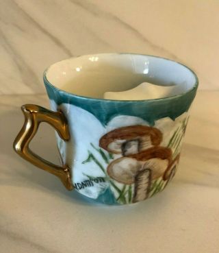 Vintage Tea Cup Coffee Mug With Mustache Guard Mushrooms Metallic Handle