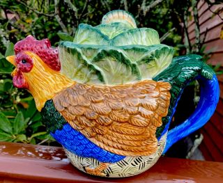 Vintage Colorful Ceramic Rooster Teapot Farm Kitchen Cabin