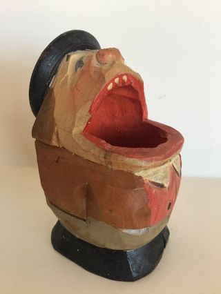Anri Big Mouth Toothpick Match Holder - Early Vintage Wood Carving