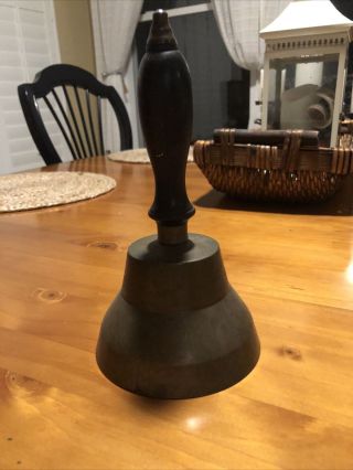 Vintage School Church Brass Wood Handle Hand Bell 8 1/4” Tall